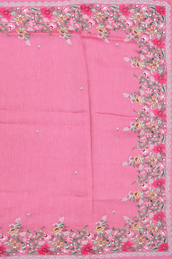 Linen Saree In Pink Floral Threadwork Buttas