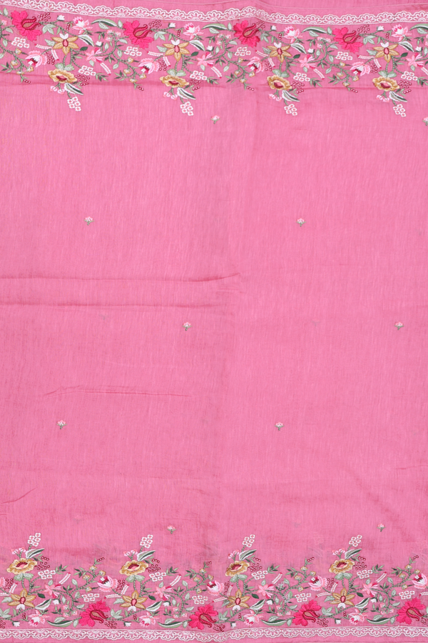 Linen Saree In Pink Floral Threadwork Buttas