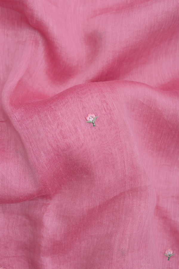 Linen Saree In Pink Floral Threadwork Buttas