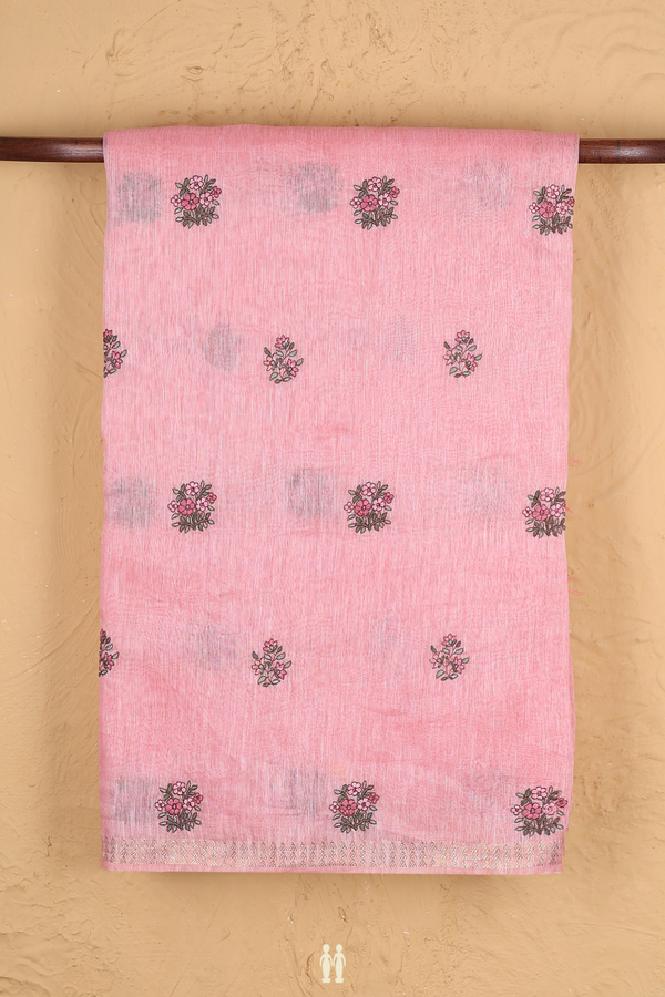 Linen Saree In Pink With Floral Buttas