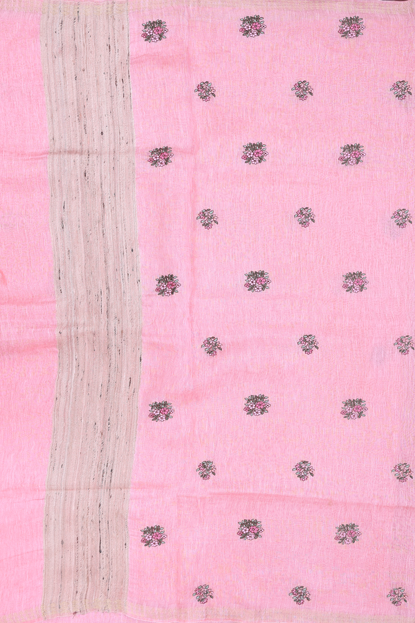 Linen Saree In Pink With Floral Buttas