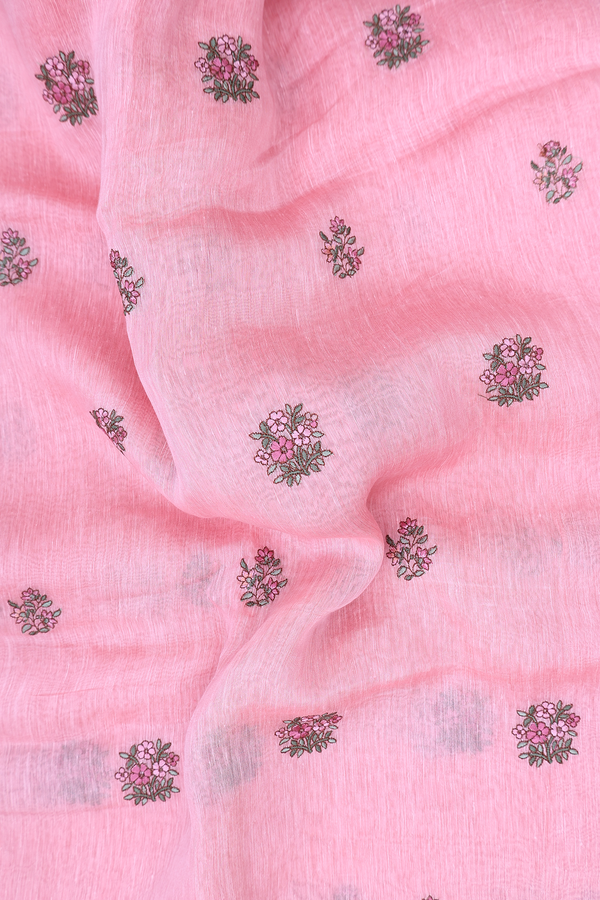 Linen Saree In Pink With Floral Buttas