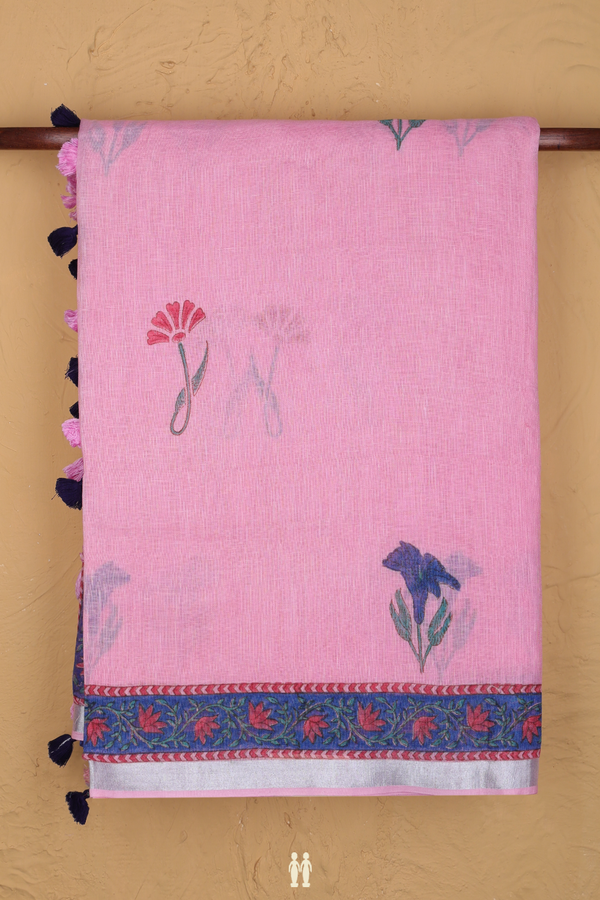 Linen Saree In Pink With Floral Motifs