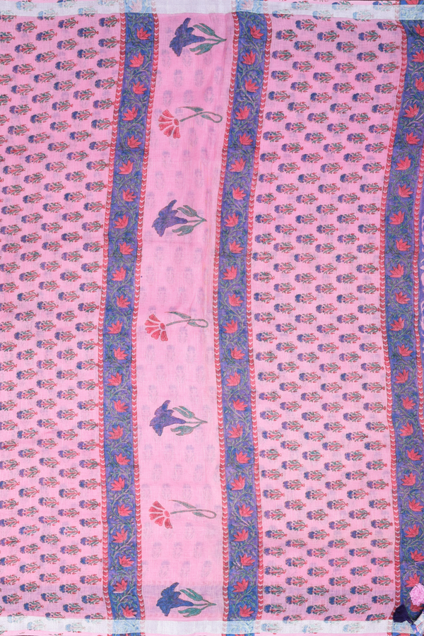 Linen Saree In Pink With Floral Motifs
