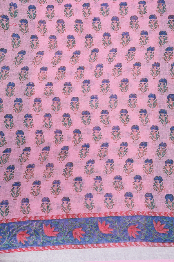 Linen Saree In Pink With Floral Motifs