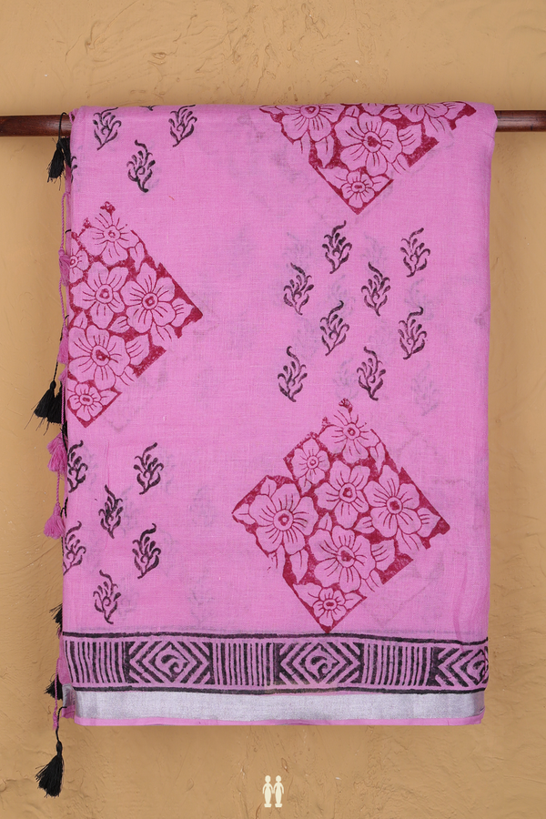 Linen Saree In Pink With Floral Printed Design