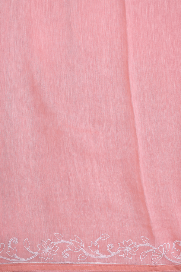 Linen Saree In Plain Blush Orange With Floral Border
