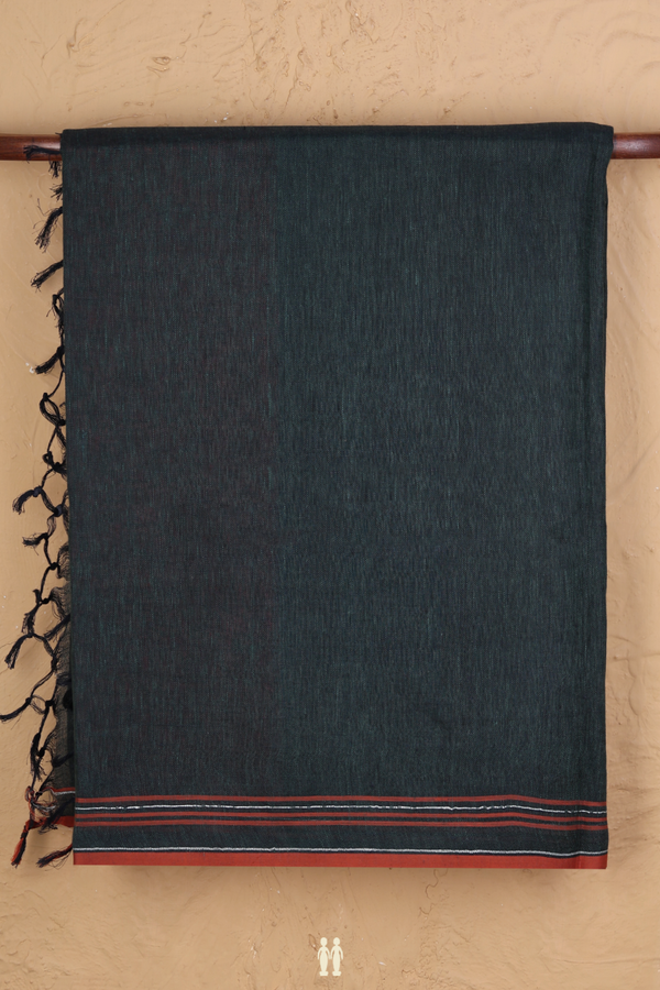 Linen Saree In Plain Bottle Green With Stripes Border