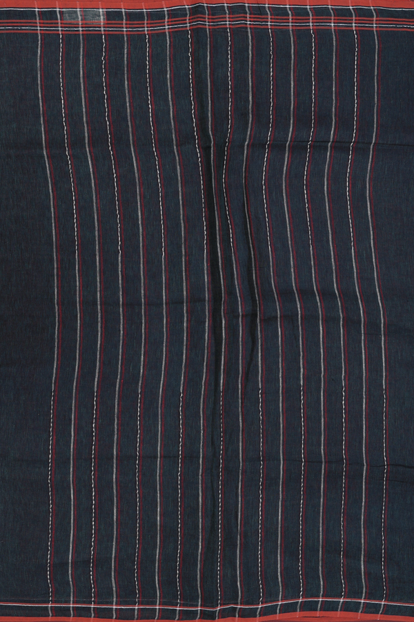Linen Saree In Plain Bottle Green With Stripes Border