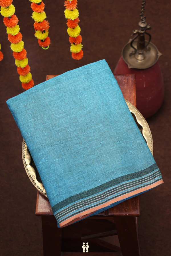 Linen Saree In Plain Cerulean Blue With Stripes Border