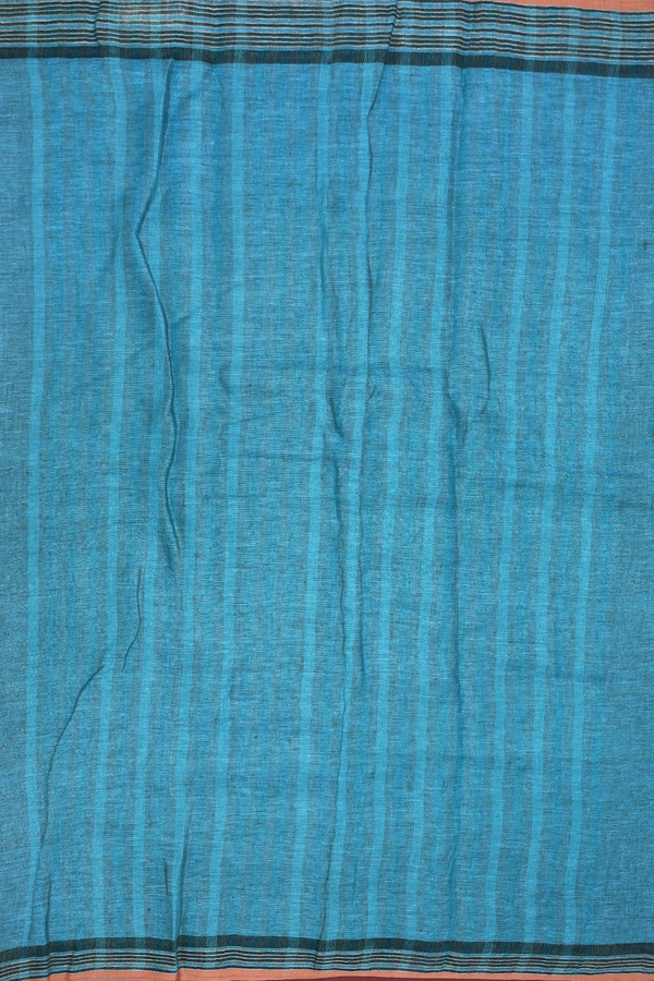 Linen Saree In Plain Cerulean Blue With Stripes Border