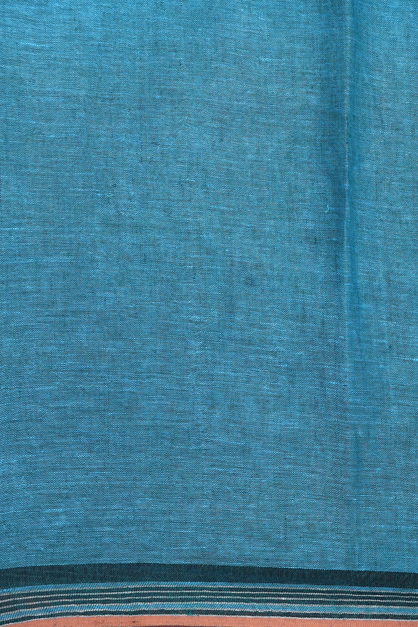 Linen Saree In Plain Cerulean Blue With Stripes Border