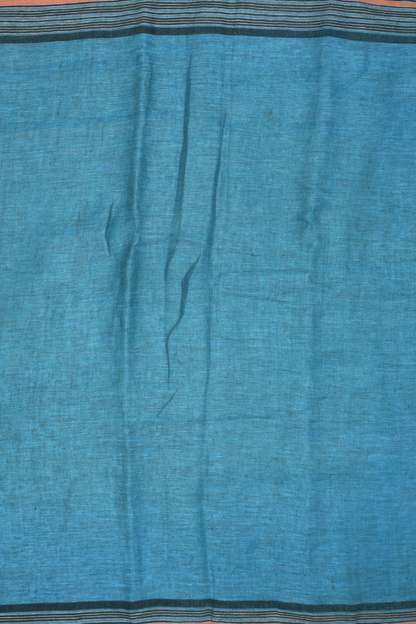 Linen Saree In Plain Cerulean Blue With Stripes Border