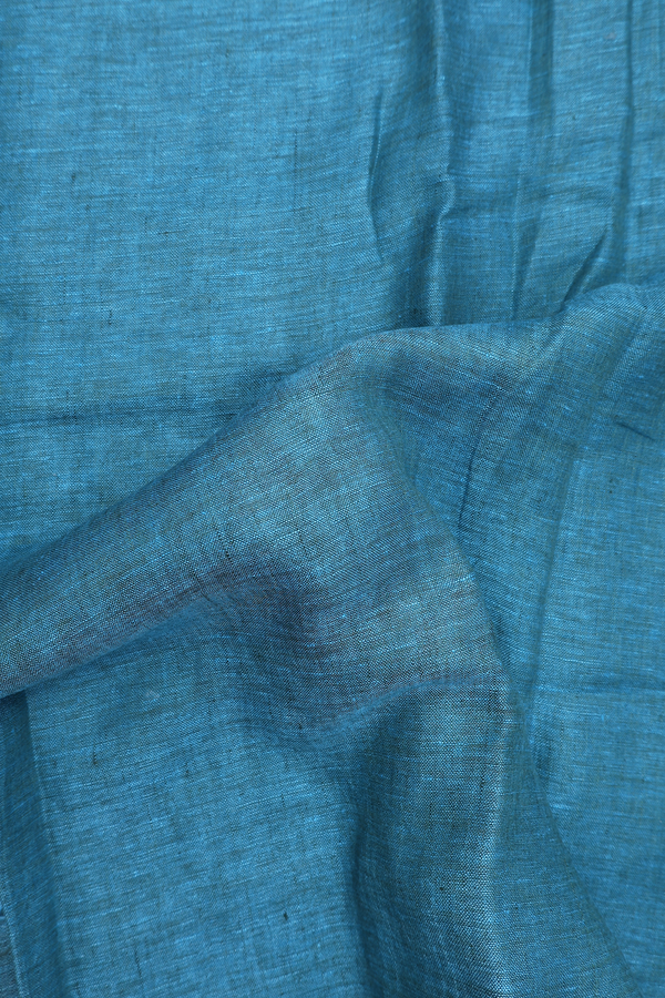 Linen Saree In Plain Cerulean Blue With Stripes Border