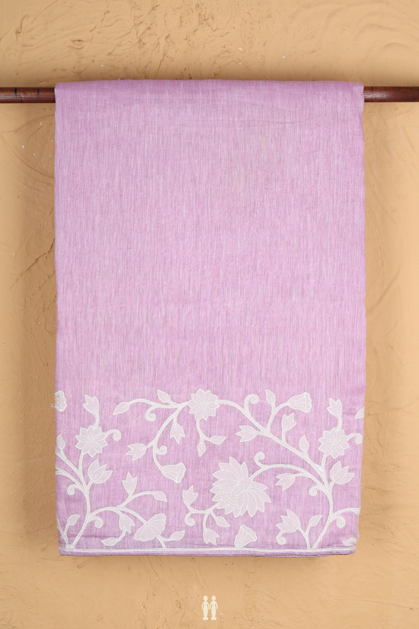 Linen Saree In Plain Pastel Purple With Floral Border