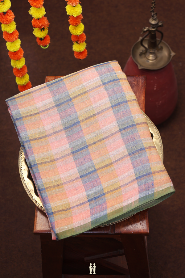 Linen Saree In Shades Of Multicolor With Checks Design