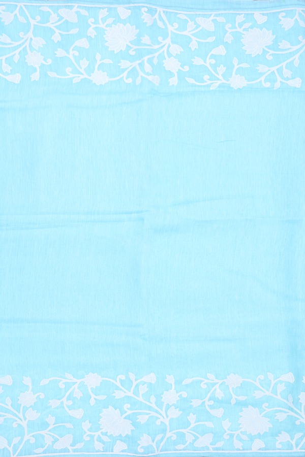 Linen Saree In Plain Sky Blue With Floral Border