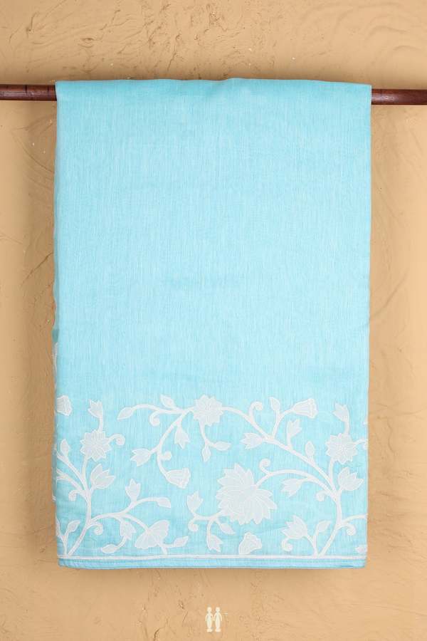 Linen Saree In Plain Sky Blue With Floral Border