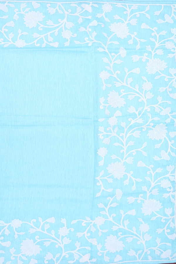 Linen Saree In Plain Sky Blue With Floral Border