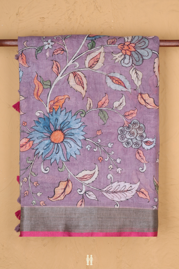 Linen Saree In Purple With Floral Design