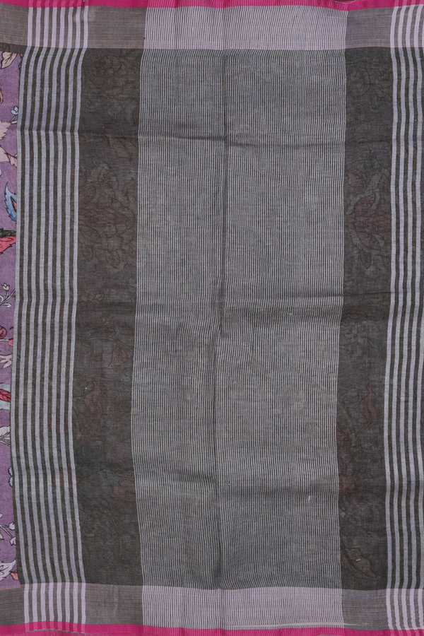 Linen Saree In Purple With Floral Design