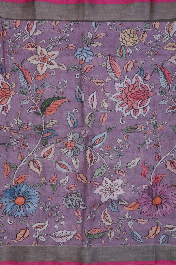 Linen Saree In Purple With Floral Design