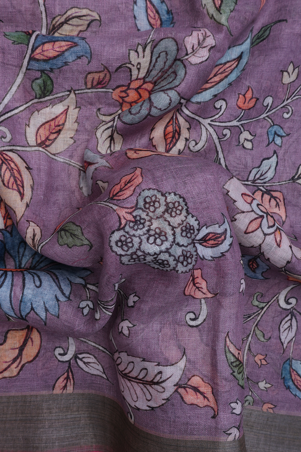 Linen Saree In Purple With Floral Design