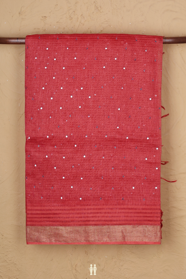 Linen Saree In Red With Mirror Work Buttis