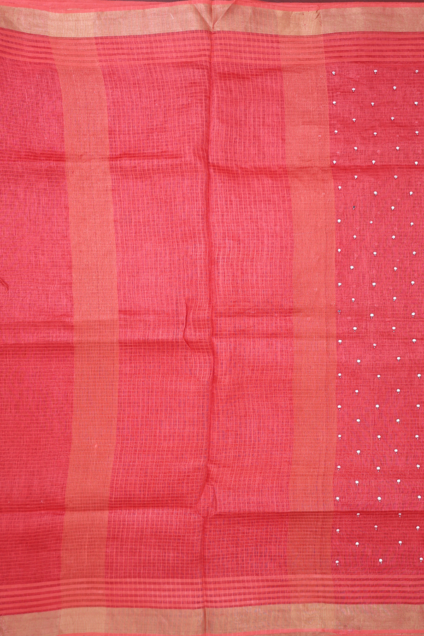 Linen Saree In Red With Mirror Work Buttis