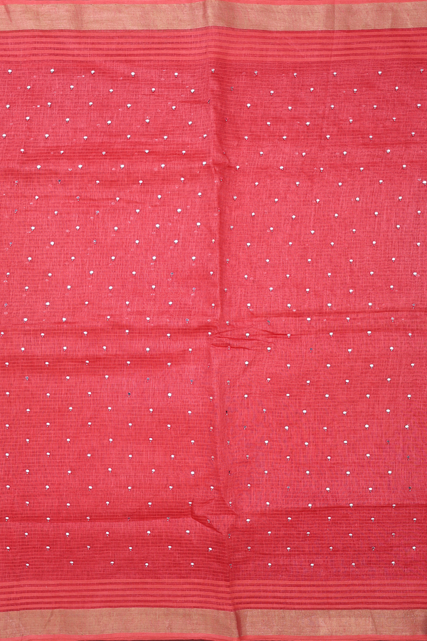 Linen Saree In Red With Mirror Work Buttis