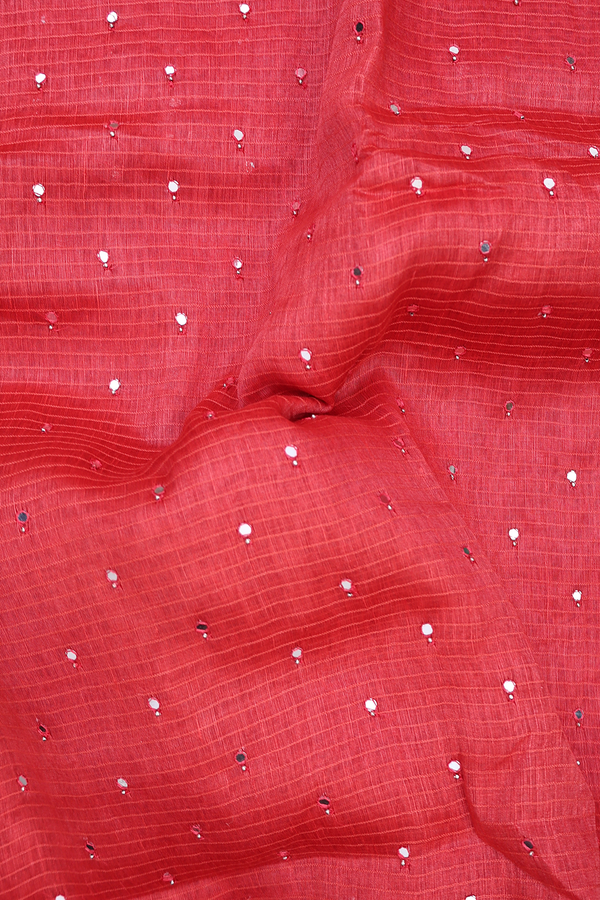 Linen Saree In Red With Mirror Work Buttis