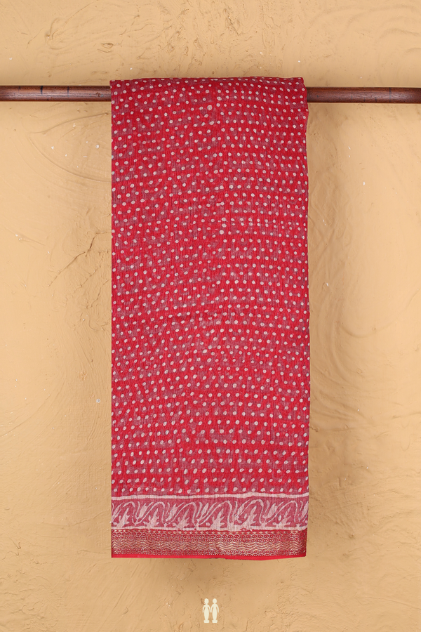 Linen Saree In Red With Printed Buttis