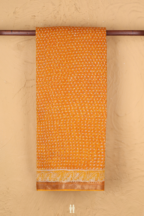 Linen Saree In Royal Orange With Printed Buttis