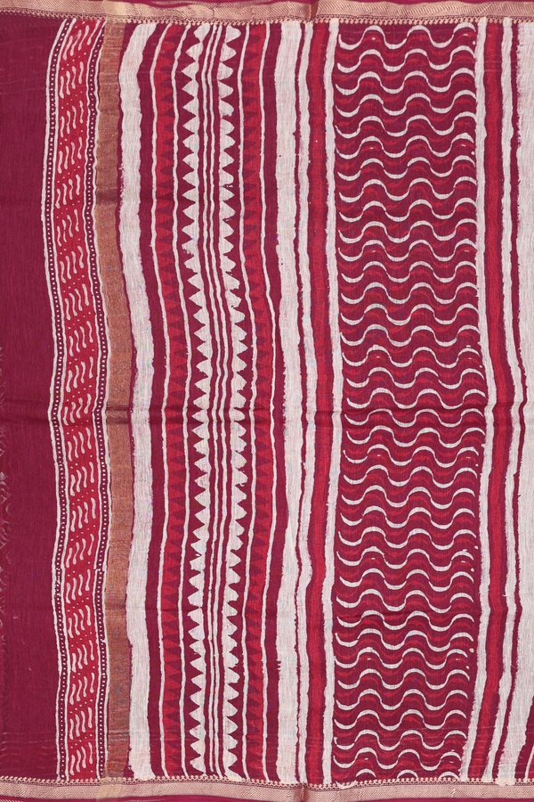Linen Saree In Ruby Red With Printed Design