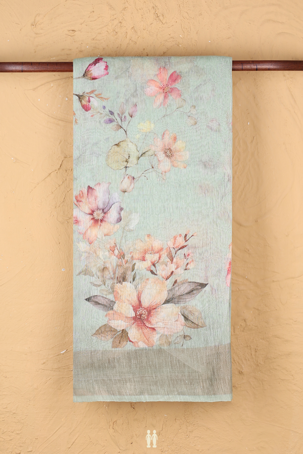 Linen Saree In Sage Green With Floral Printed Design