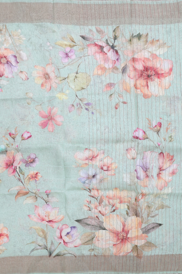 Linen Saree In Sage Green With Floral Printed Design