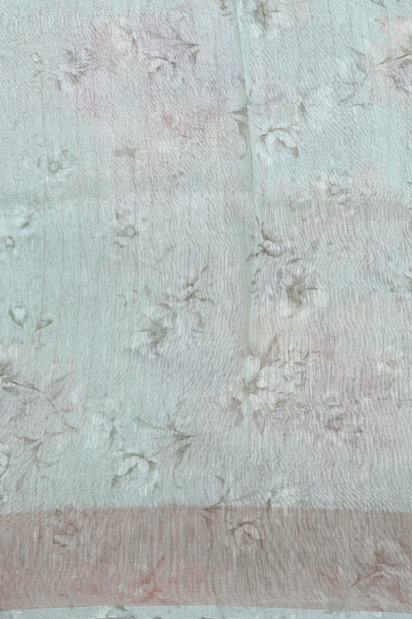 Linen Saree In Sage Green With Floral Printed Design