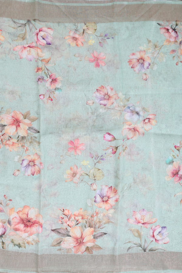 Linen Saree In Sage Green With Floral Printed Design