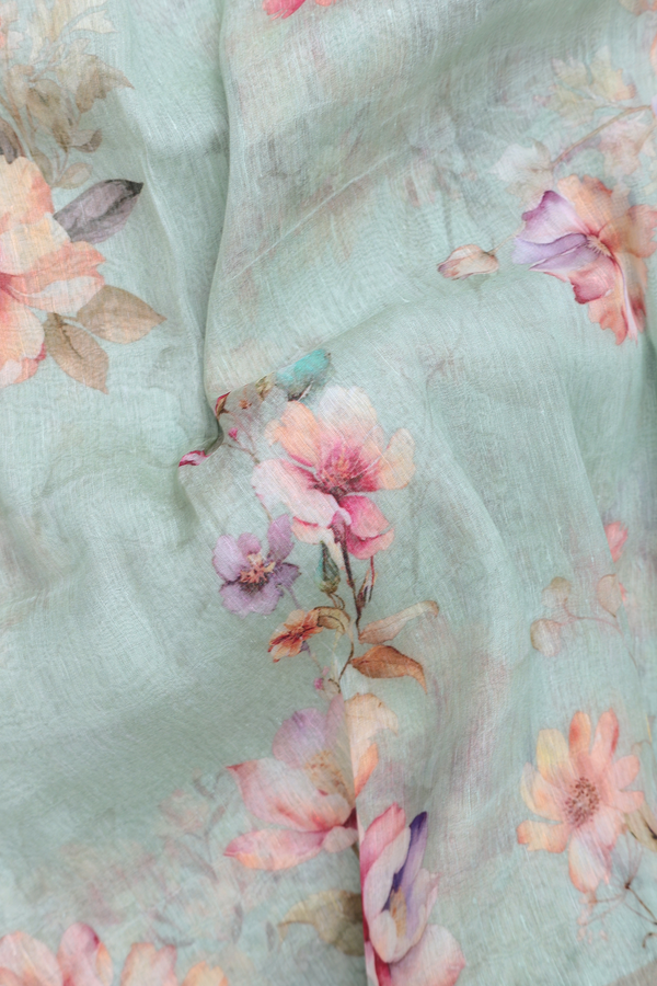 Linen Saree In Sage Green With Floral Printed Design