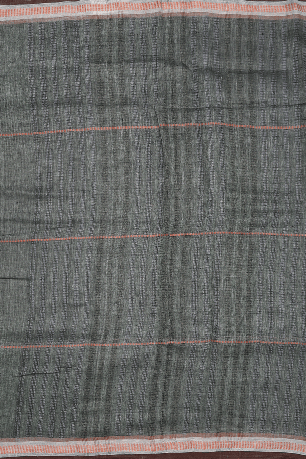 Linen Saree In Sage Green With Stripes Design