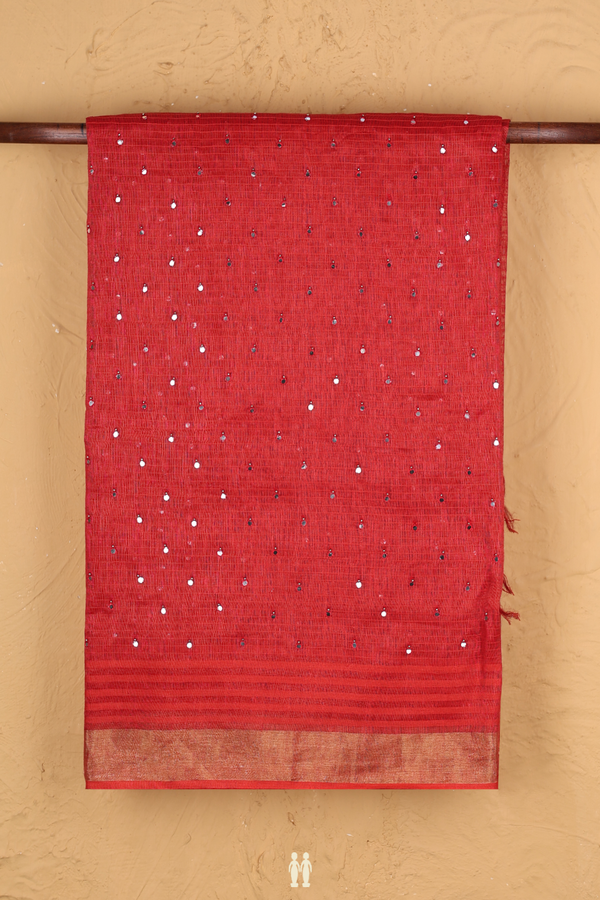 Linen Saree In Scarlet Red With Mirror Work Buttis