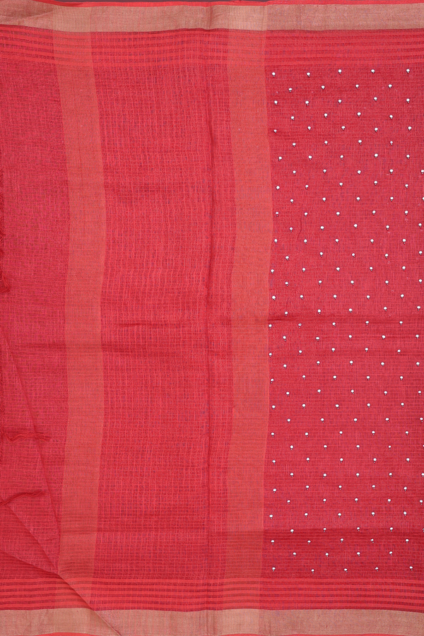 Linen Saree In Scarlet Red With Mirror Work Buttis