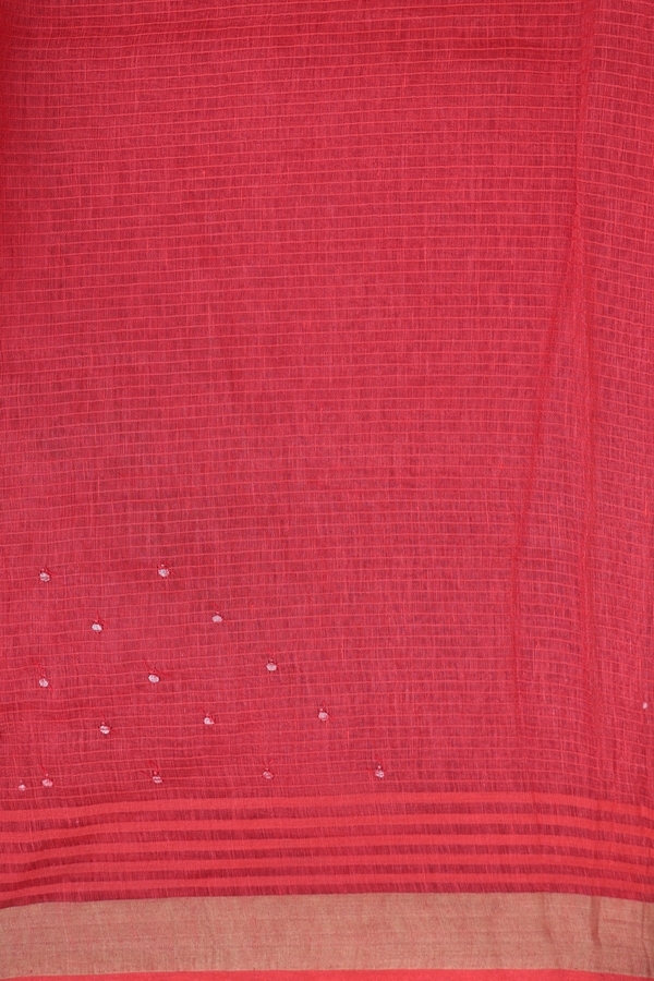 Linen Saree In Scarlet Red With Mirror Work Buttis