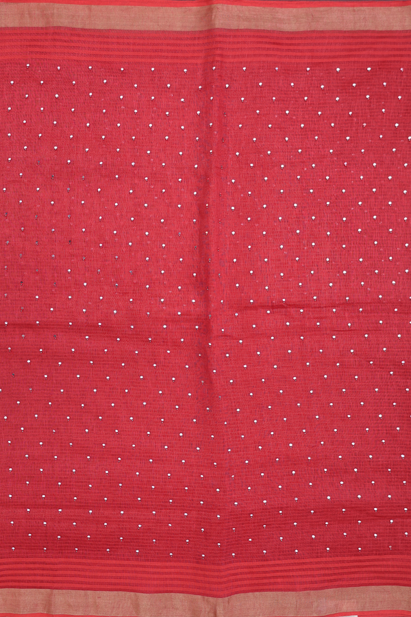 Linen Saree In Scarlet Red With Mirror Work Buttis