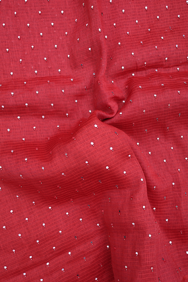 Linen Saree In Scarlet Red With Mirror Work Buttis