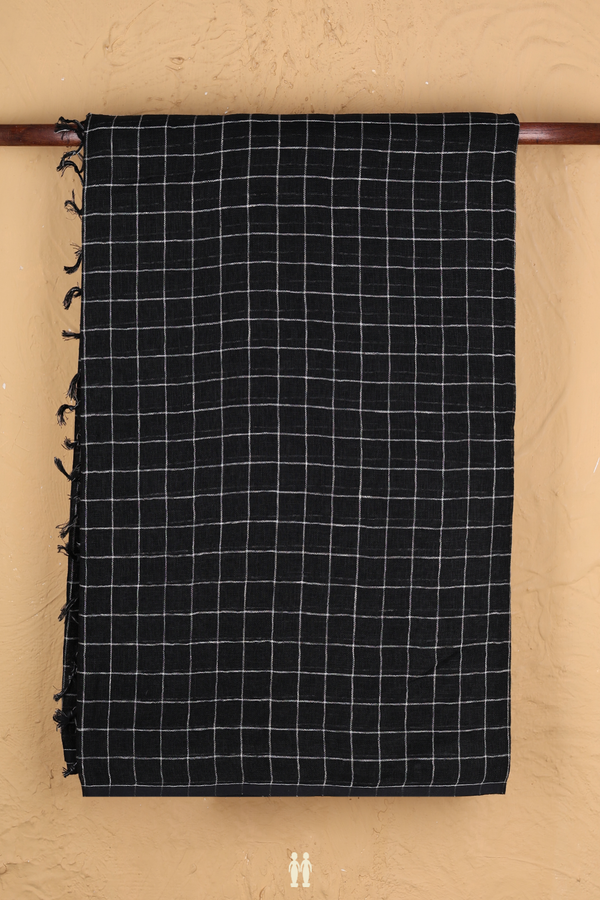 Linen Saree In  Black With Checks Design