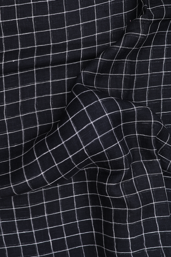 Linen Saree In  Black With Checks Design