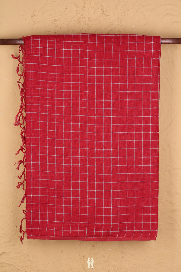 Linen Saree In  Red With Checks Design