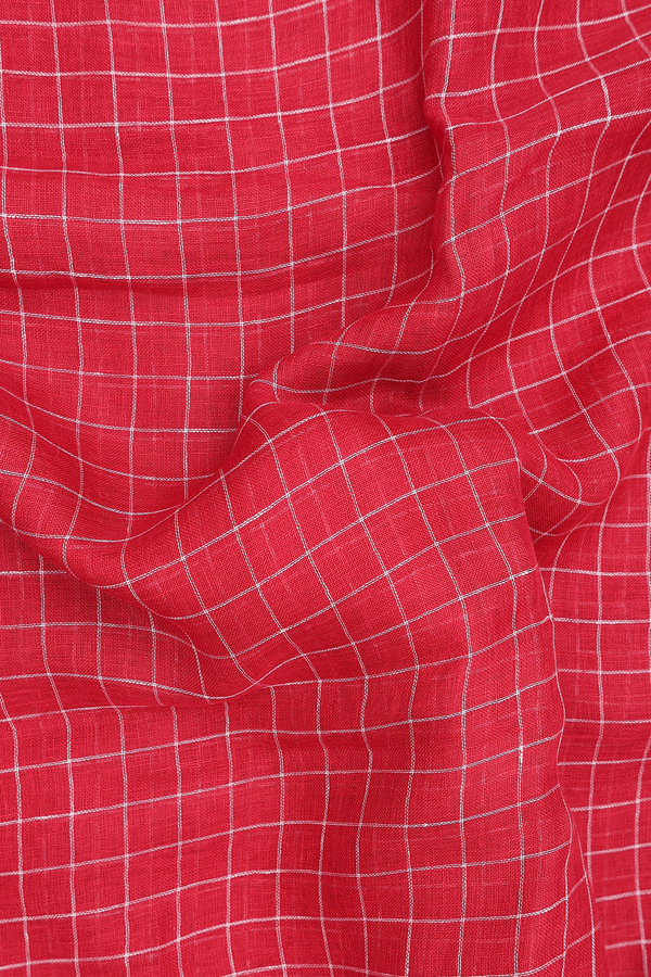 Linen Saree In  Red With Checks Design