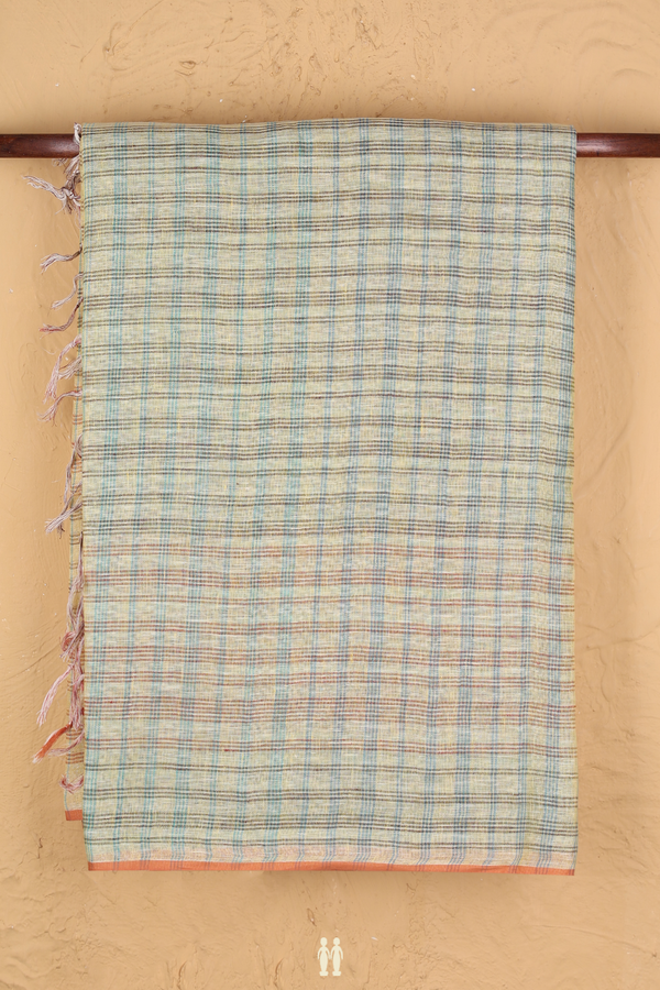 Linen Saree In Yellow With Checks Design